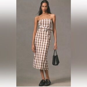 NWT Anthropologie size XL Strapless Brown & White Gingham Belted Midi Dress